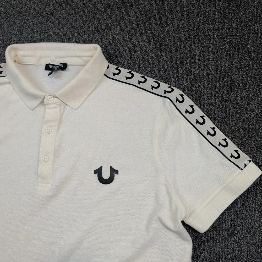 True Religion Y2K Damask Polo Shirt L Off White Horseshoe Tape Streetwear Mens